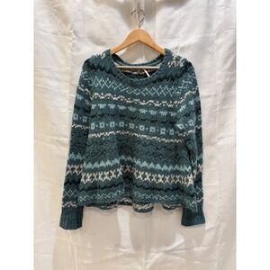 Free People Fair Isle Wool Blend Sweater Teal Blue Boho Pullover Small